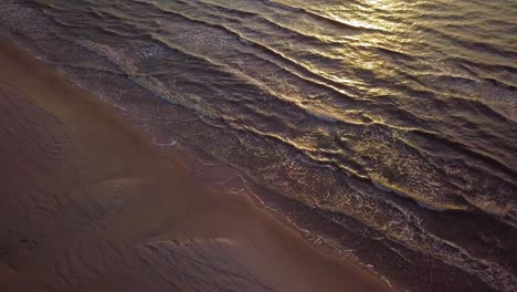 beautiful aerial establishing birdseye view of baltic sea coast on a sunny evening, sunset, golden hour, beach with white sand, coastal erosion, climate changes, wide angle drone shot moving forward