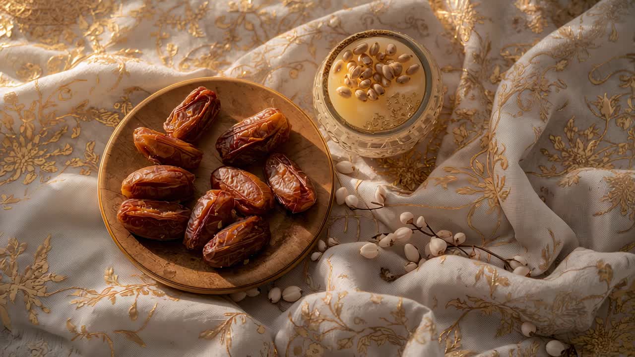 Shifting camera revealing wooden plate of dates and ornate bowl on gold cloth to reveal textures