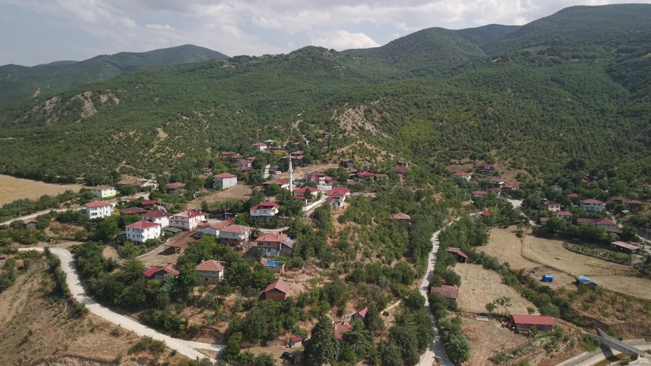 Drone-omløpsskudd av kystbyen Cide med moské og tradisjonelle hus, Kastamonu, Tyrkia.