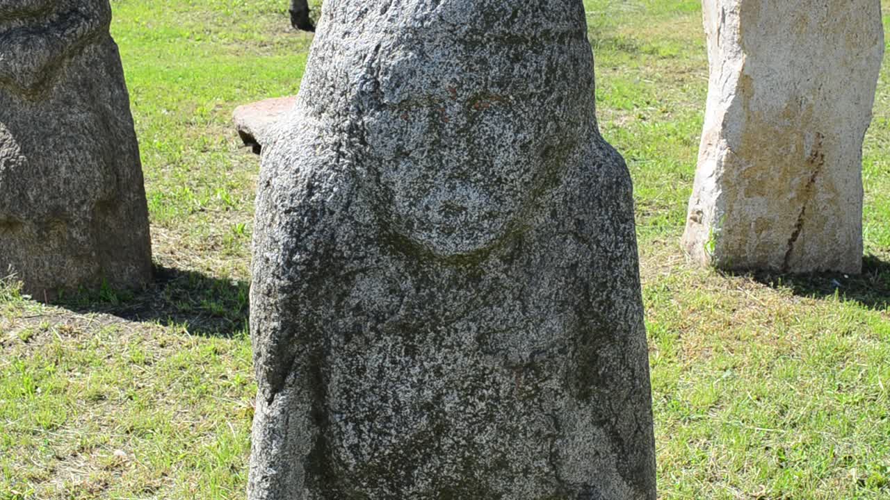 Statue di pietra polovziane. Ucraina. Ripresa in tilt-up. Realizzate tra il IX e il XIII secolo. Le sculture sono fatte di arenaria grigia.