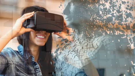 wearing vr headset, woman experiencing virtual reality over digital human figure disintegrating