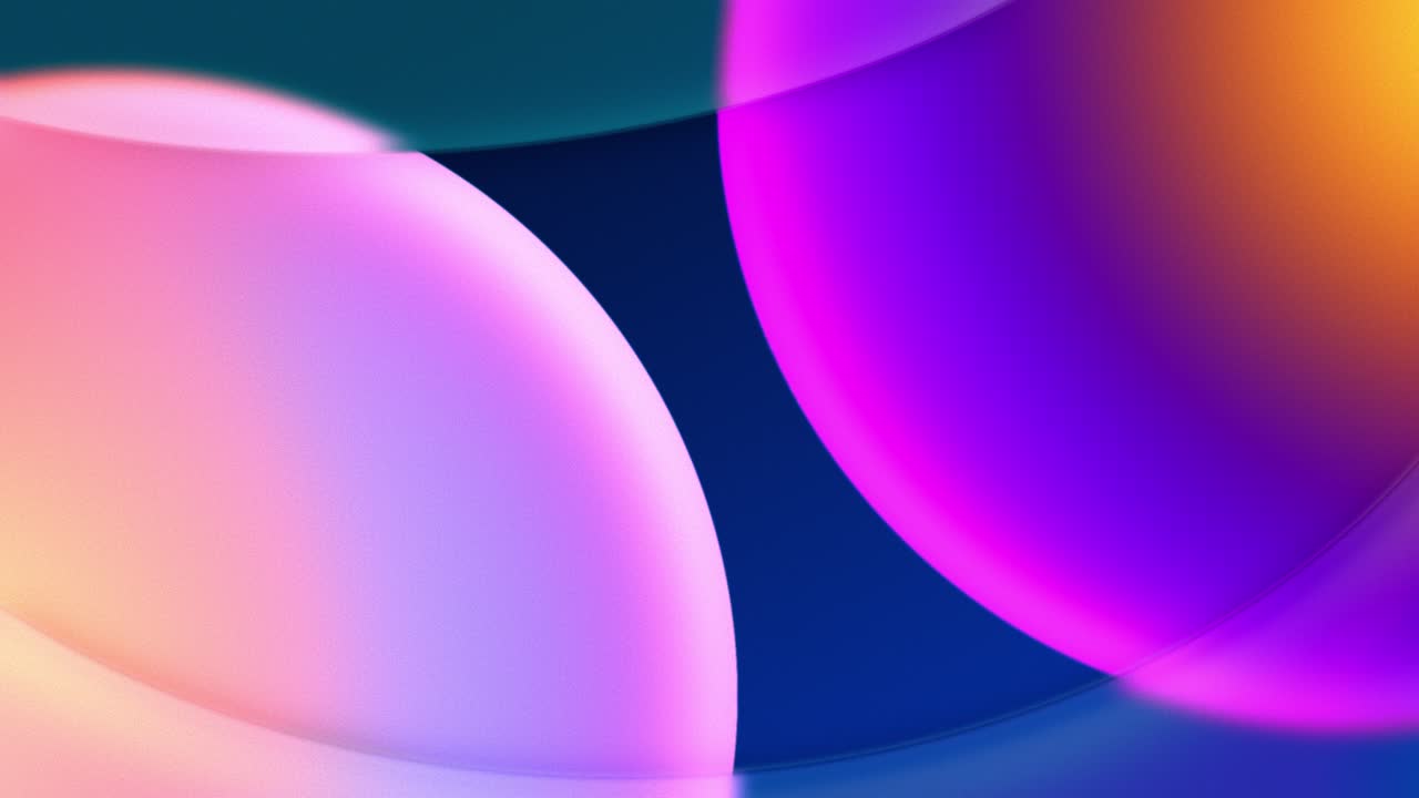 An animation of two vibrant colored circles is slowly closing in on each other, and are slowly covered by hazy liquid glass arc-shaped elements, causing refractions on the edges of the circle shapes