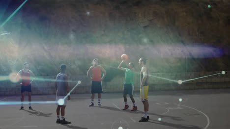 animation of network of connections over basketball match outdoors