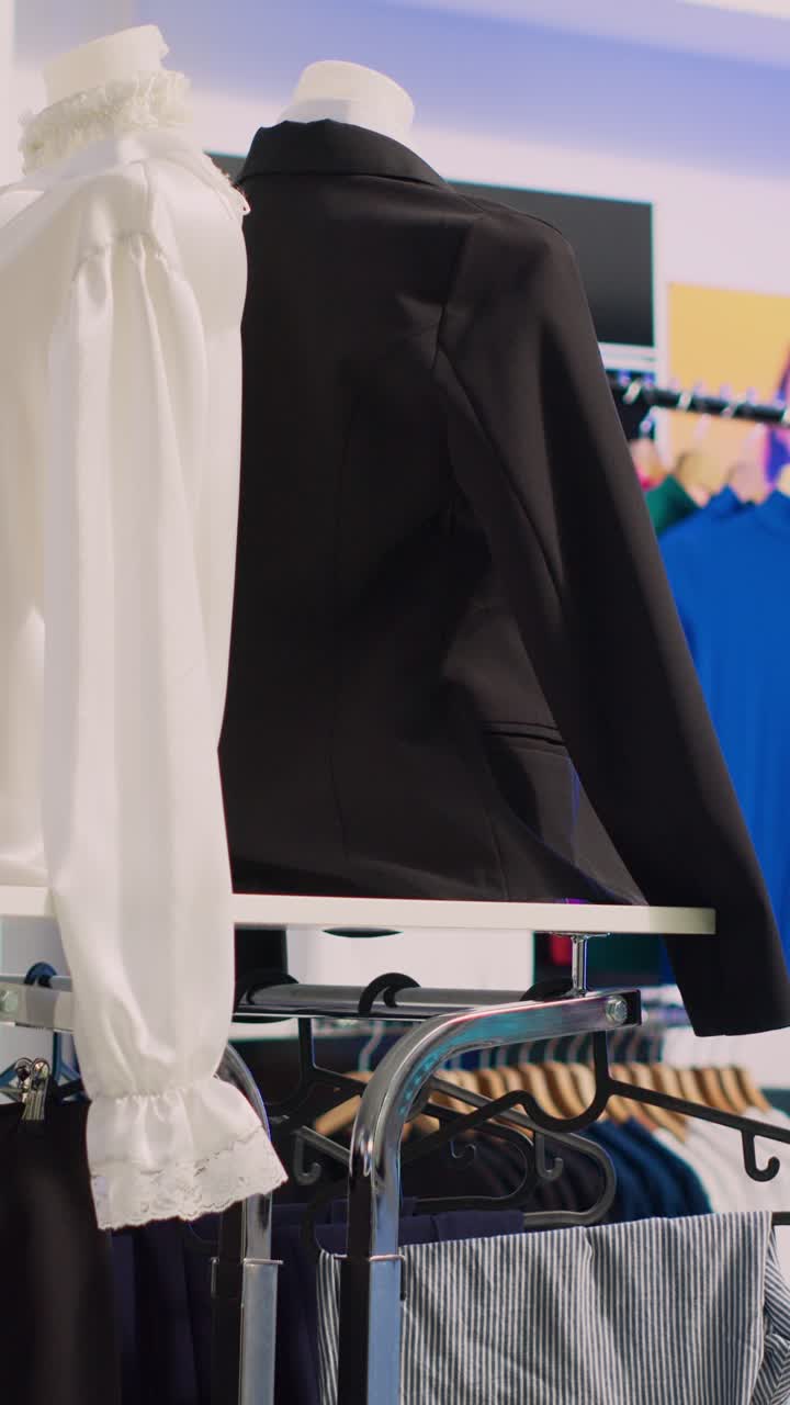 Vertical video: Shopping mall boutique filled with fashion tailoring