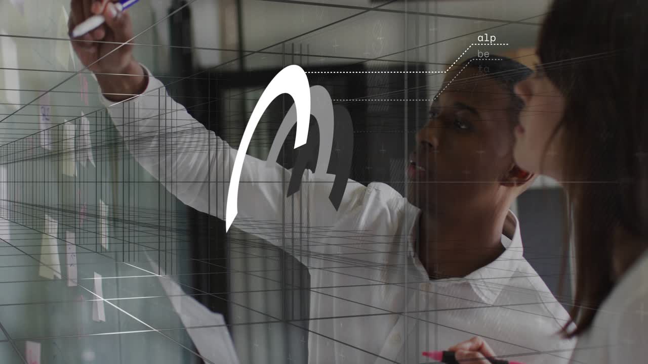 Man reading sheet, raising marker and writing on glass while grid overlay marking business notes