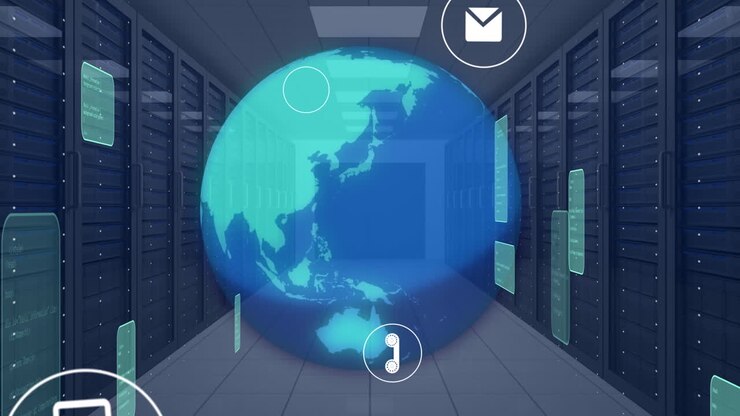 Animation af globus med ikoner og databehandling.