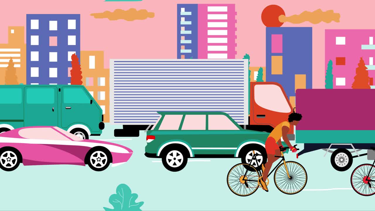 아프리카계 미국인 자전거 타는 사람들이 교통체증이 많은 도로에서 자전거를 타고 있습니다. 만화 애니메이션, 평평한 디자인, 루프 4k