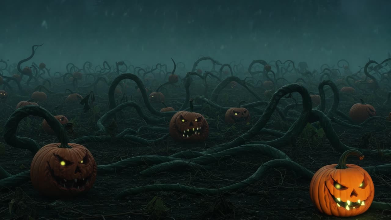 Eerie Pumpkin Patch Surrounded by Creepy Vines and Fog: A Haunting Halloween Scene with Jack-o'-Lanterns Glowing in the Dark, Perfect for October Festivities