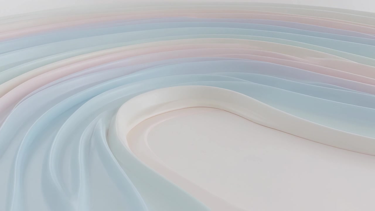 Rippling layered ribbon terraces forming waves leftward to central basin in 3D studio, pastel bands