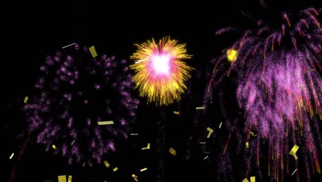 Animation-of-colourful-christmas-and-new-year-fireworks-and-gold-confetti-in-night-sky