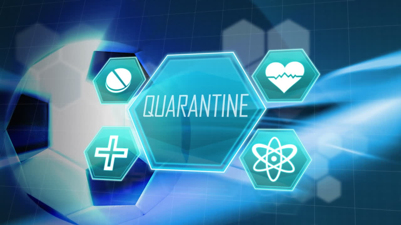 단어 격리 및 건강 아이콘의 애니메이션과 파란색 배경의 축구 공