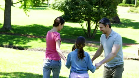Glückliche-Familie,-Die-Zusammen-Im-Park-Spielt