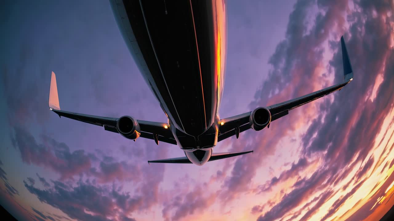 Dramatisk lågvinkelbild av ett flygplan mot en livfull solnedgångshimmel, som fångar en filmisk video.