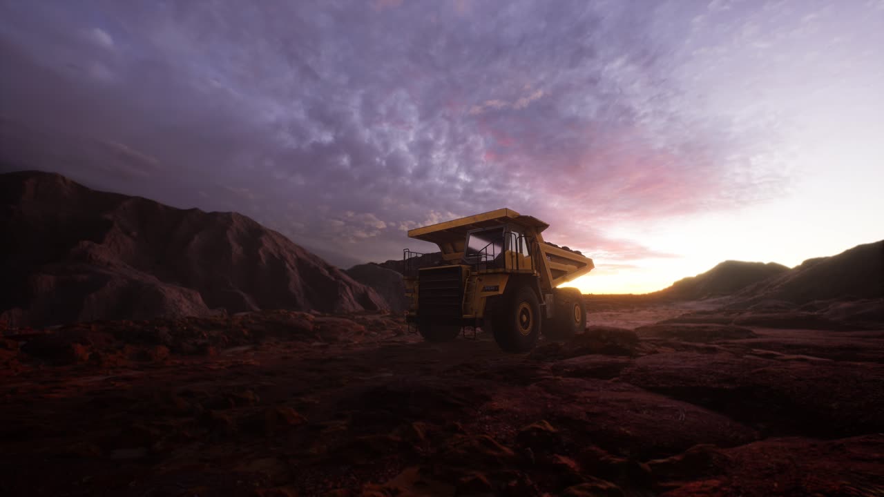 camión de descarga amarillo, camión de minería en el sitio de minería