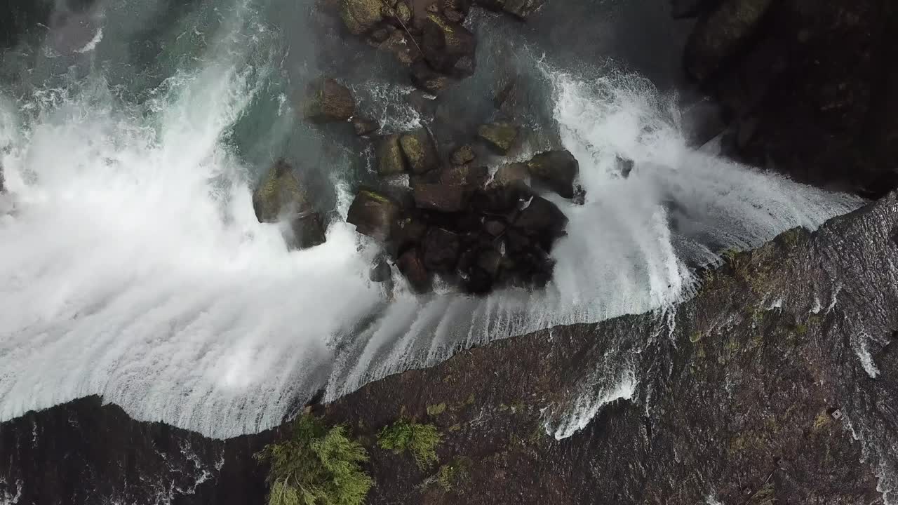 Top Down Drone Aerial View of Laja Falls, Chile. Impressive Waterfall Birds Eye POV