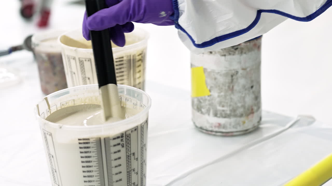 Hand stirring paint in a pot in a painting workshop, close up shot, interior