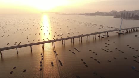 traffic on hong kong-shenzhen bay bridge at sunset, with fish and oyster cultivation pools, aerial view