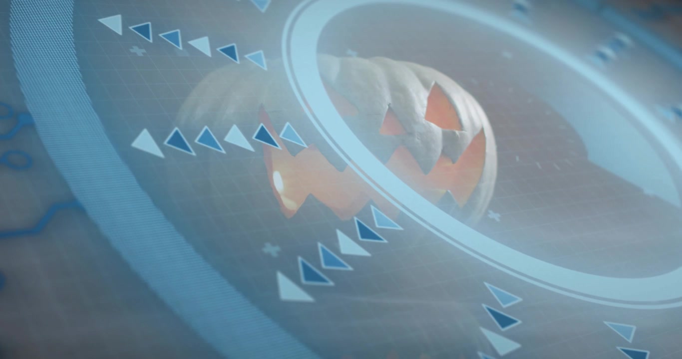 Translucent scanning ring descending over pumpkin revealing carved details and pulsing blue arrows