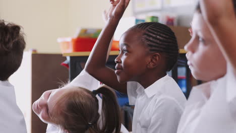 Elementary-Pupils-Wearing-Uniform-Raise-Hands-To-Answer-Question-In-Classroom