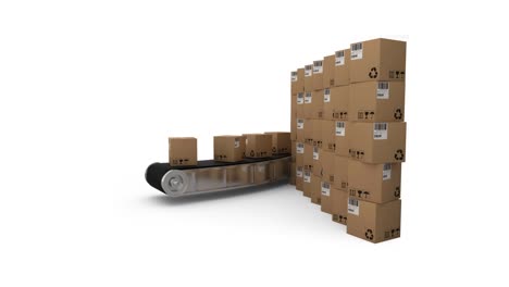 animación de varias cajas de cartón apiladas que se mueven en una cinta transportadora sobre un fondo blanco