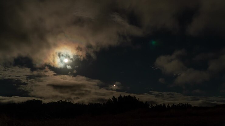 Luna piena luminosa nel cielo notturno con nuvole di passaggio, timelapse