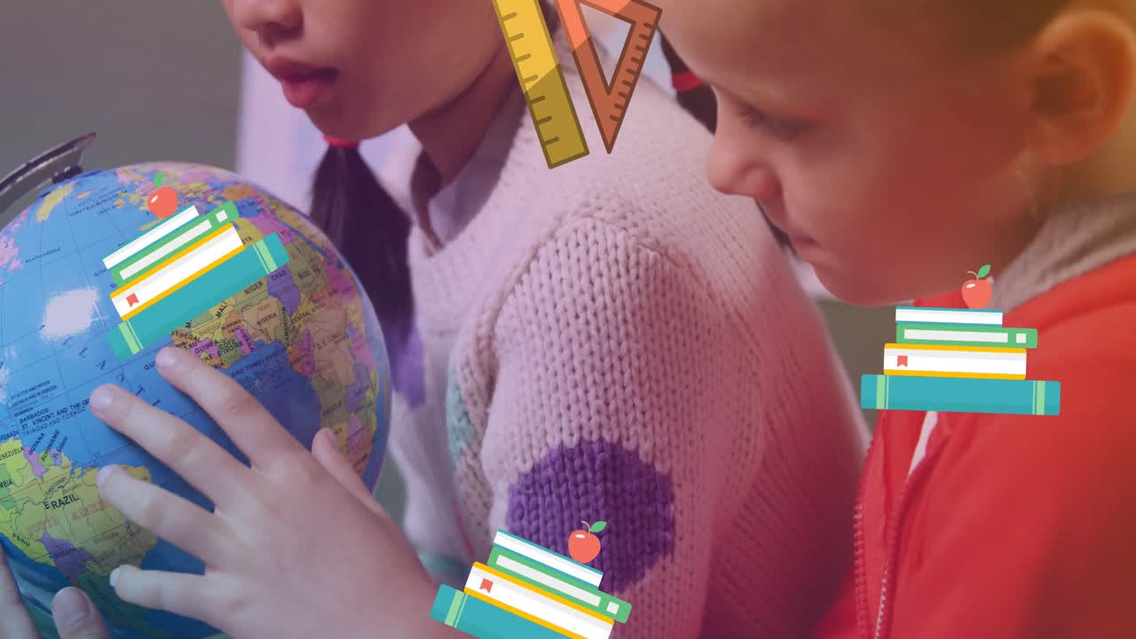 행복 한 다양한 학교 아이 들 위 에 떨어지는 책 들 의 애니메이션