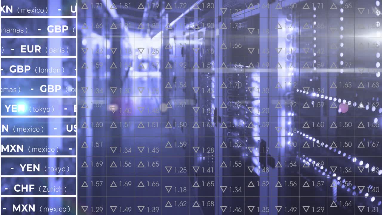 Animation of country names and numbers with upwards and downward arrows over data server racks