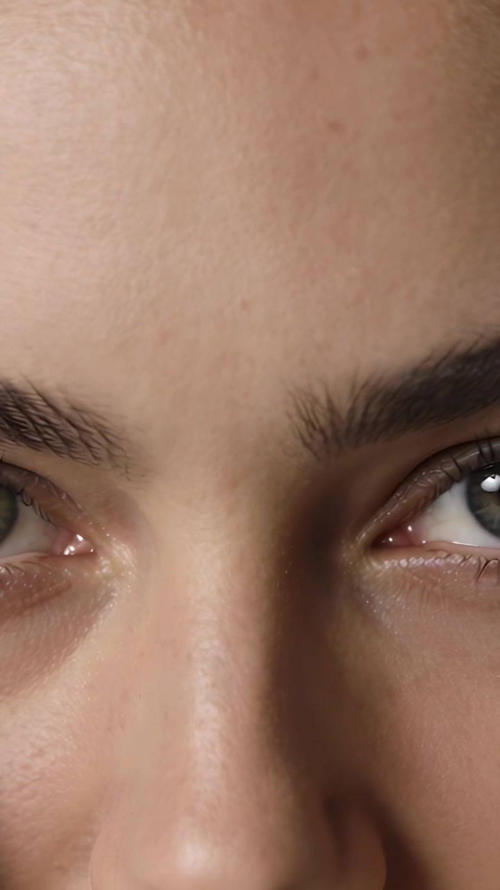 Video vertical: Rostro femenino mirando, desviando la mirada hacia arriba y a la derecha al inicio en un estudio, con luz suave.