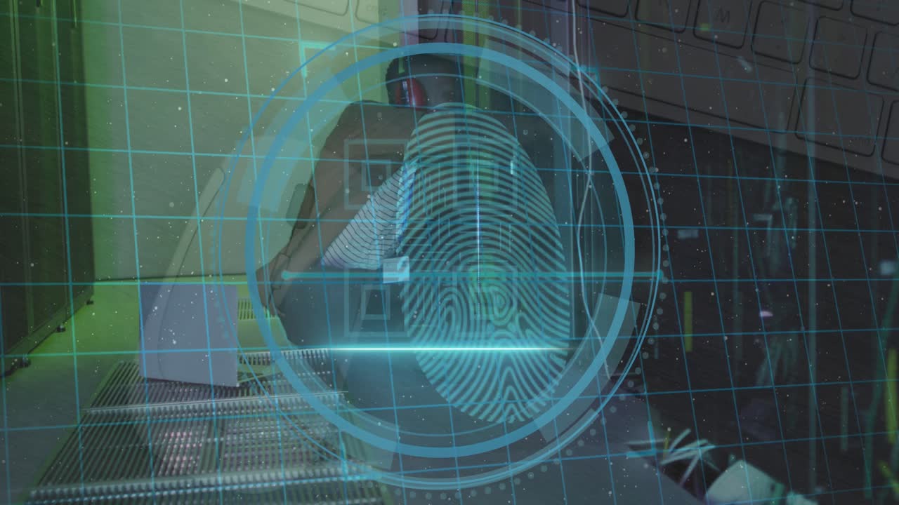 Animation of data processing over african american male worker in server room