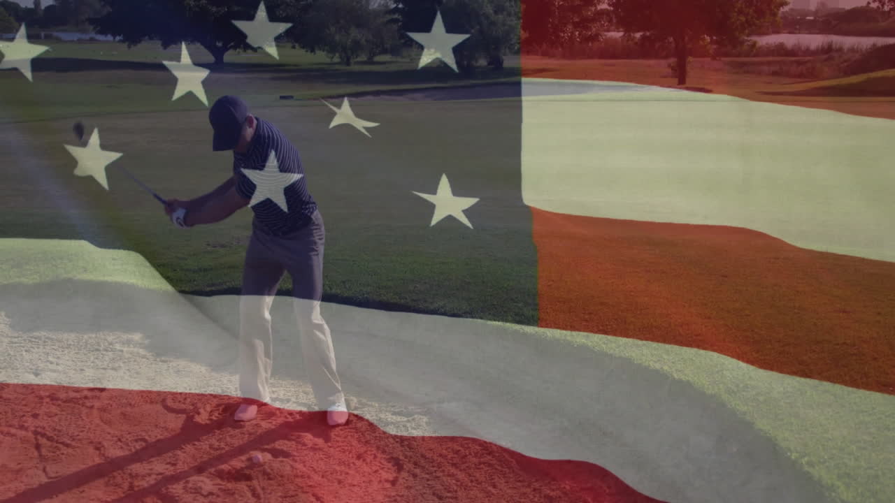 Male golfer swinging golf club in sand bunker, showcasing patriotic sports ad with flag overlay