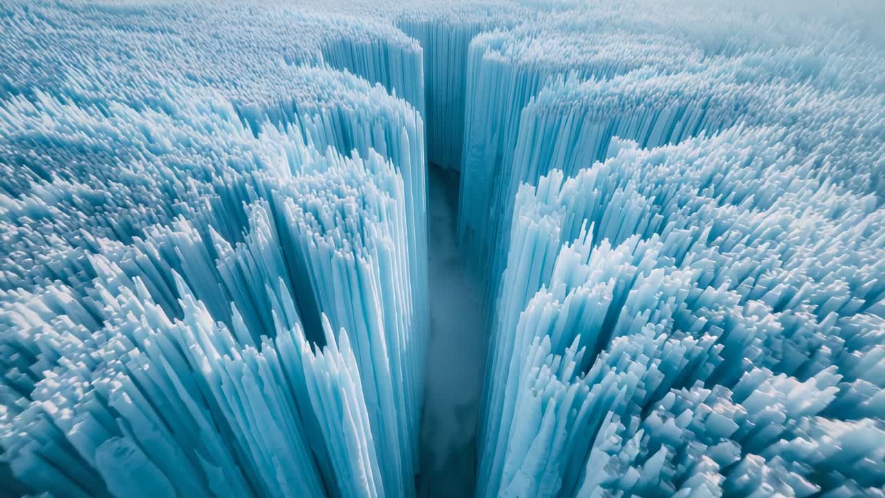 All'avvio, la camera scorre attraverso un canyon astratto per rivelare pilastri di cristallo azzurri e nebbia vorticosa