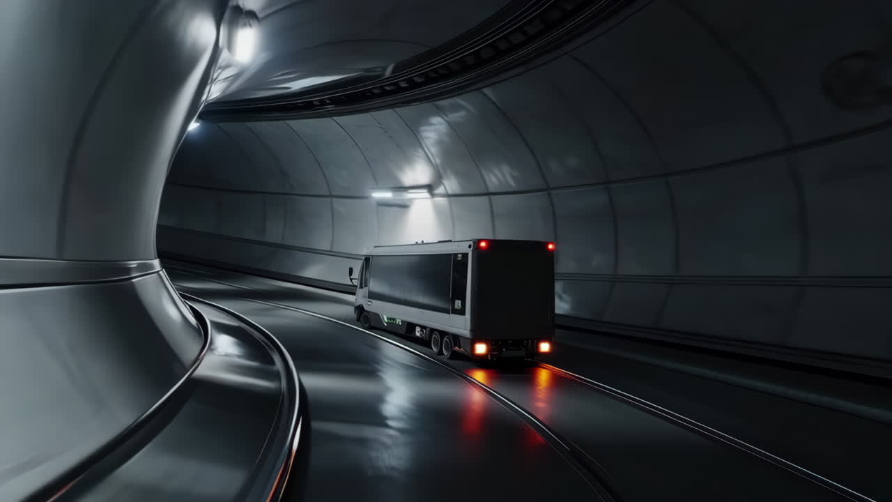 Truck Driving Through a Futuristic Underground Tunnel