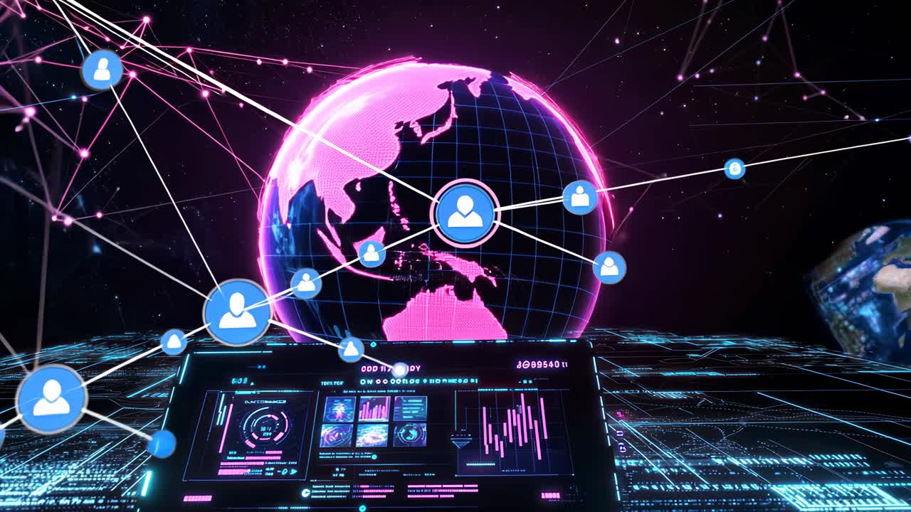 Concept video futuristico con un globo digitale, linee di rete rosa neon e un pannello di controllo