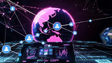 Futuristic video concept with a digital globe, neon pink network lines, and a control panel