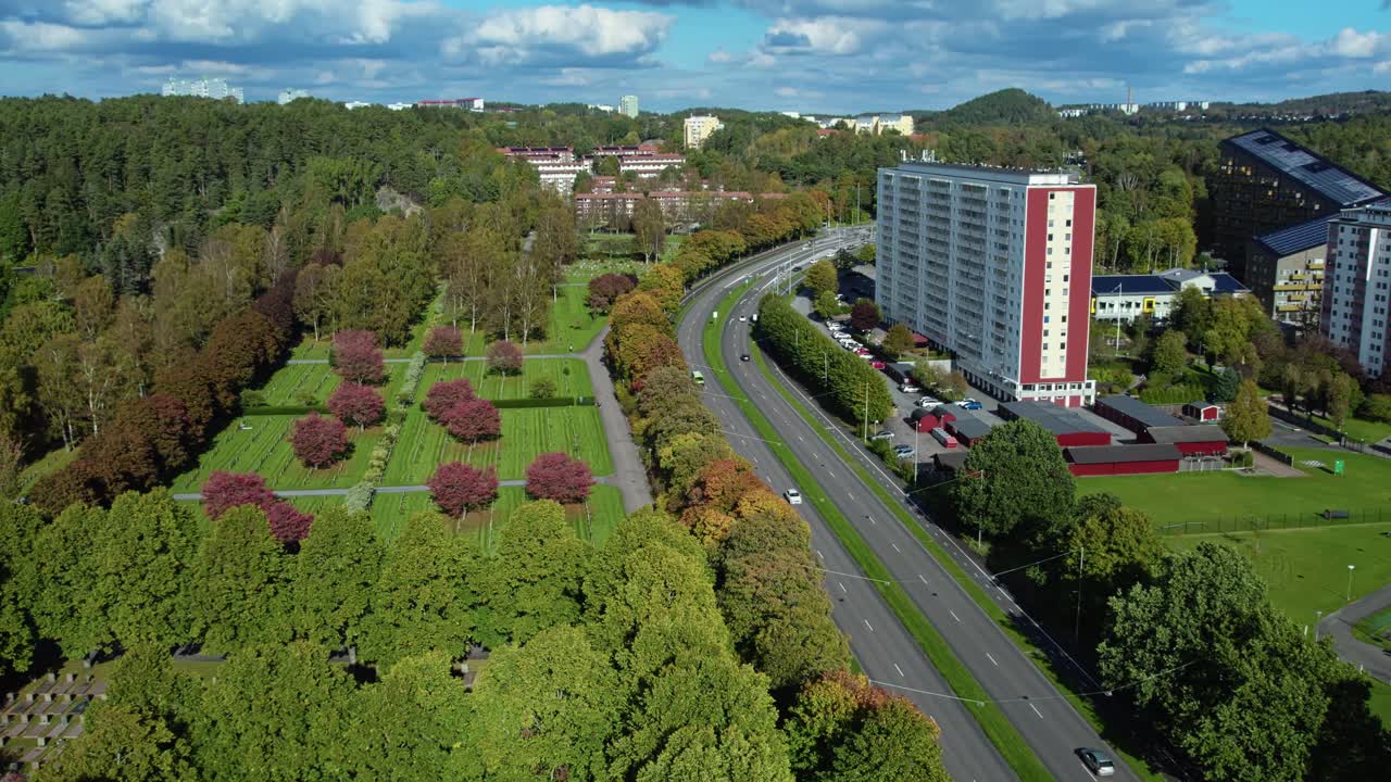 Aerial view of Kviberg Cemetery and nearby buildings in Gothenburg, Sweden