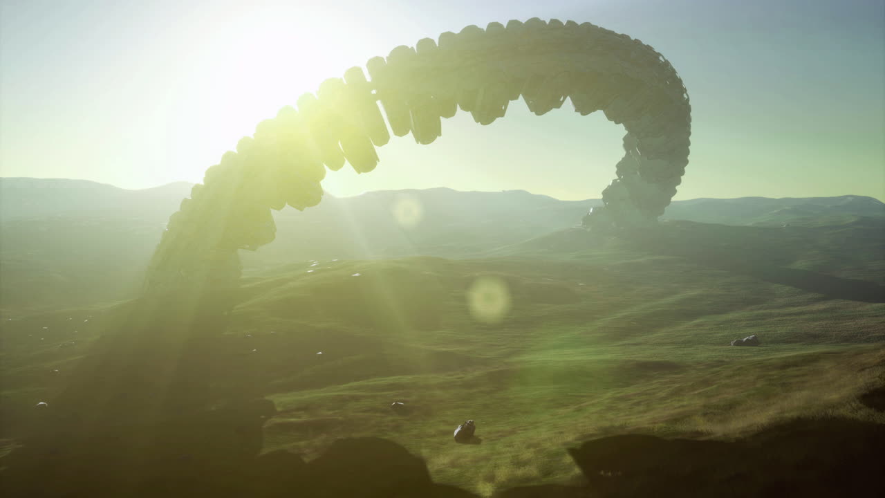 Unidentified alien ship hovers over mountainous terrain during bright sunset