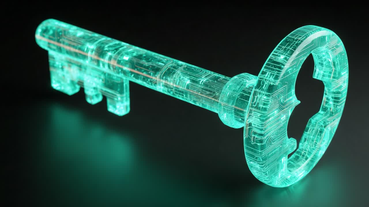 Glowing digital key with visible circuit board patterns representing cybersecurity, encryption, and data protection concepts on a dark, reflective background, visualizing access to information