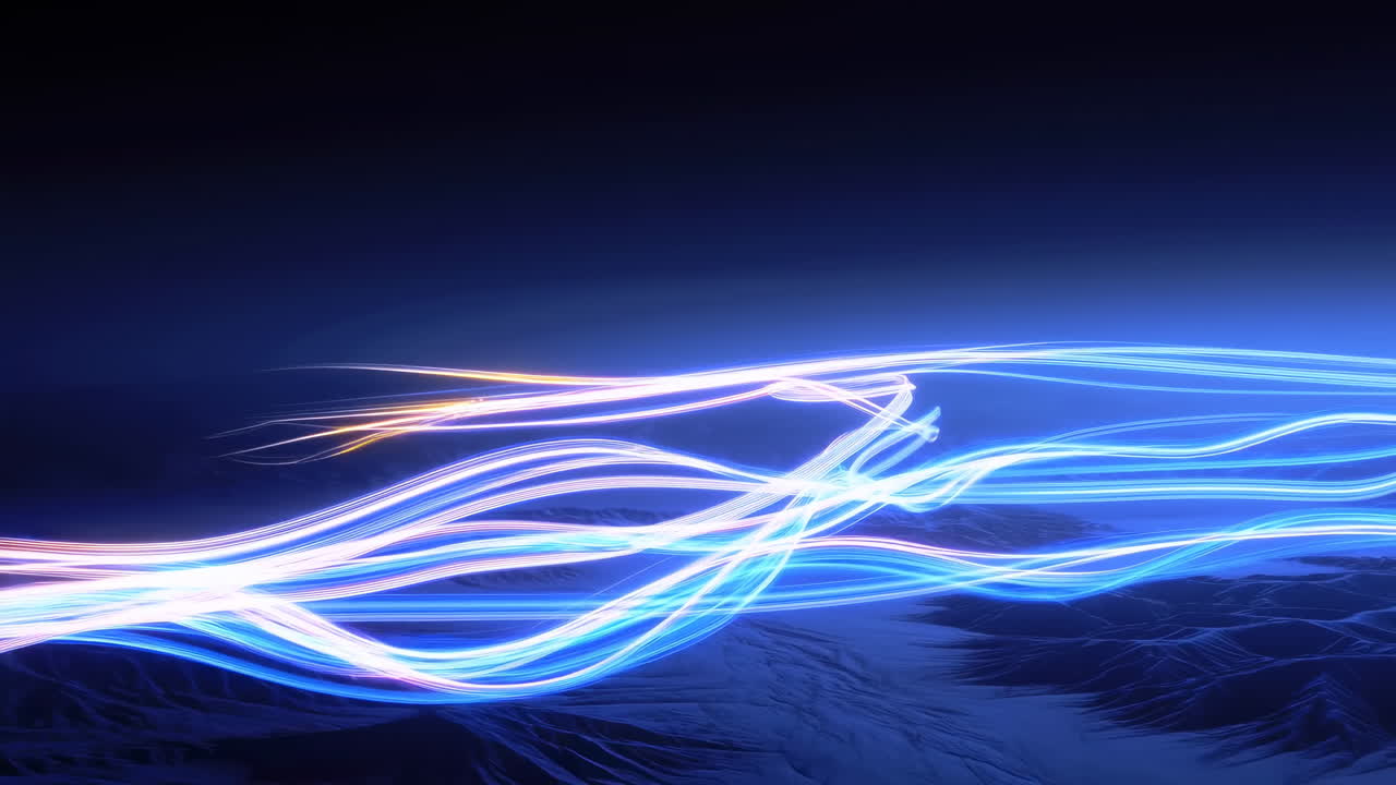 Flux d'énergie lumineux dynamiques traversant un paysage numérique