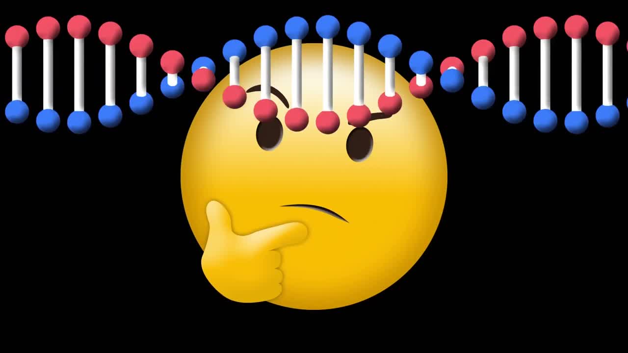 검은 바탕에 움직이는 dna 가닥 위에 생각하는 이모지 아이콘의 애니메이션