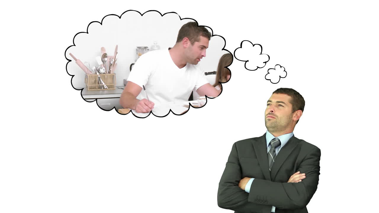 사업가가 아침 식사를 생각하고 있습니다.