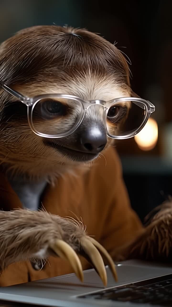 Perezoso inteligente con gafas sentado en un escritorio, concentrado en escribir y usando una laptop con una expresión pensativa en un ambiente acogedor y con poca luz.