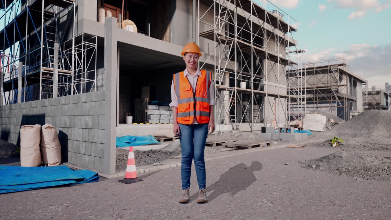 Ingeniera asiática sonriendo a la cámara con casco de seguridad y cuerpo completo, de pie en una obra en construcción de una nueva casa