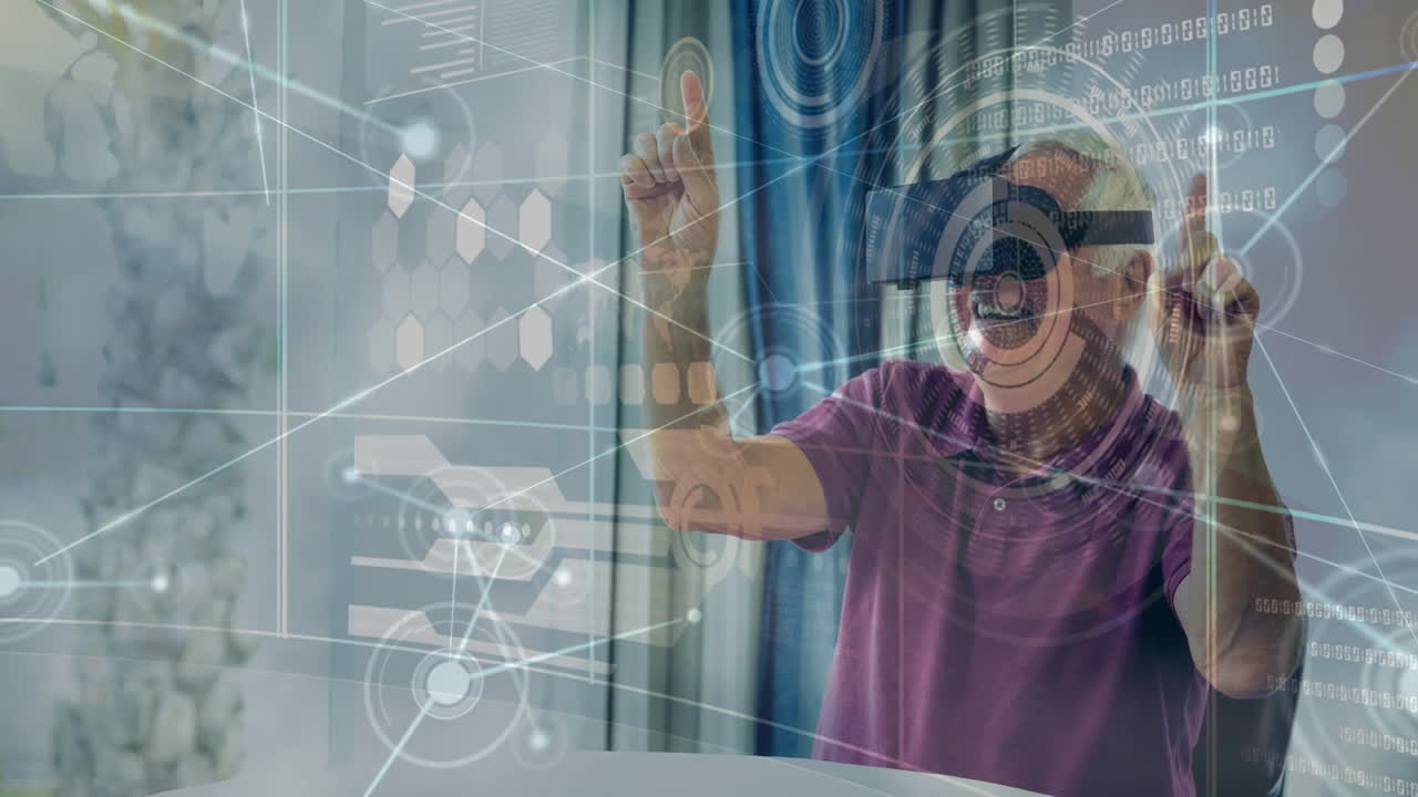 usando auriculares de realidad virtual, persona interactuando con animación de interfaz digital futurista