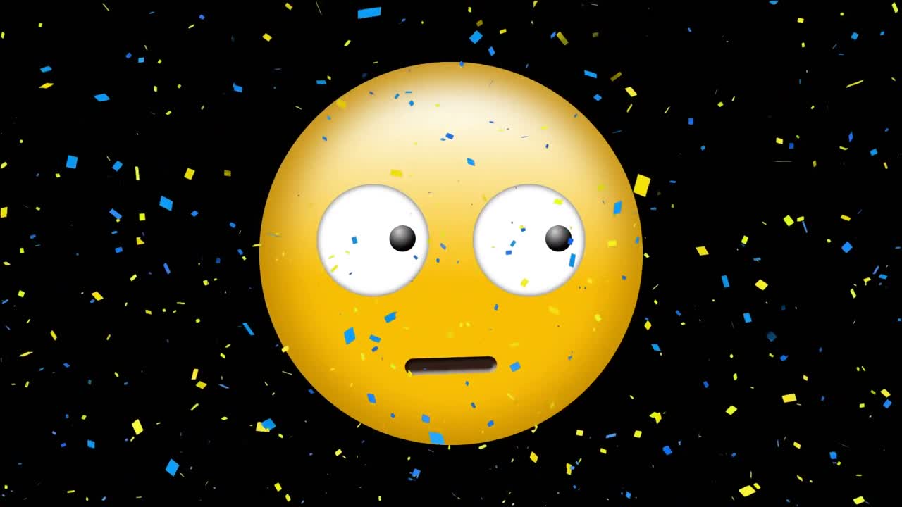 검은 배경 에 에모지 를 둘러보는 에모지 위 에 떨어지는 콘페티 의 애니메이션