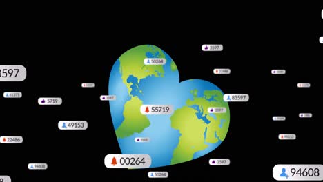 Animation-Eines-Herzförmigen-Globus-Und-Social-Media-Reaktionen-Auf-Schwarzem-Hintergrund