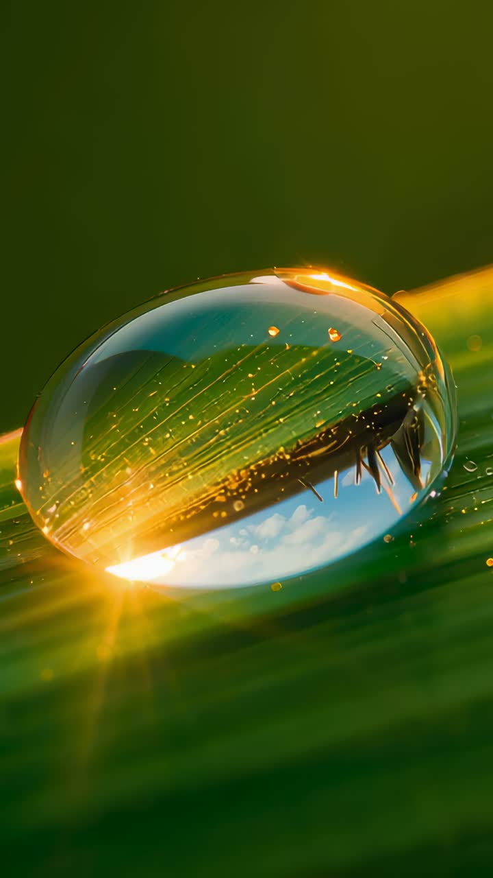 Vertical video: Shimmering single droplet catching low sun on leaf, revealing veins and bubbles