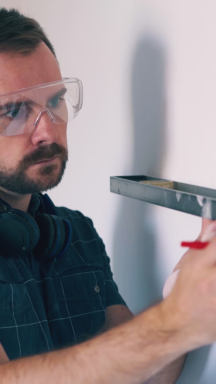 Dolly cam: concentrated handyman in goggle checks white wall level making mark with pencil at spacious light room renewal