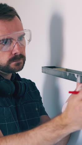 dolly cam: concentrated handyman in goggle checks white wall level making mark with pencil at spacious light room renewal