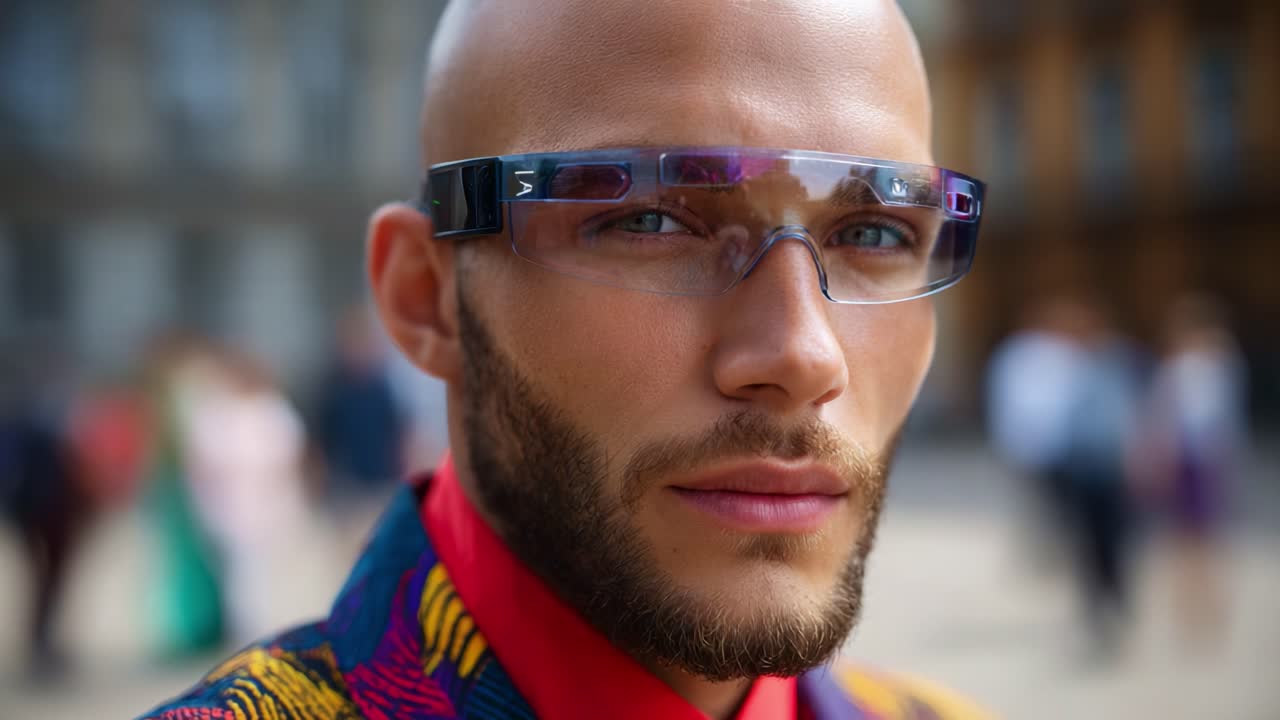 A Stylish Young Man in Colorful Attire and Modern Glasses Captivating the Camera with Confidence and Unique Fashion Choices in an Urban Setting