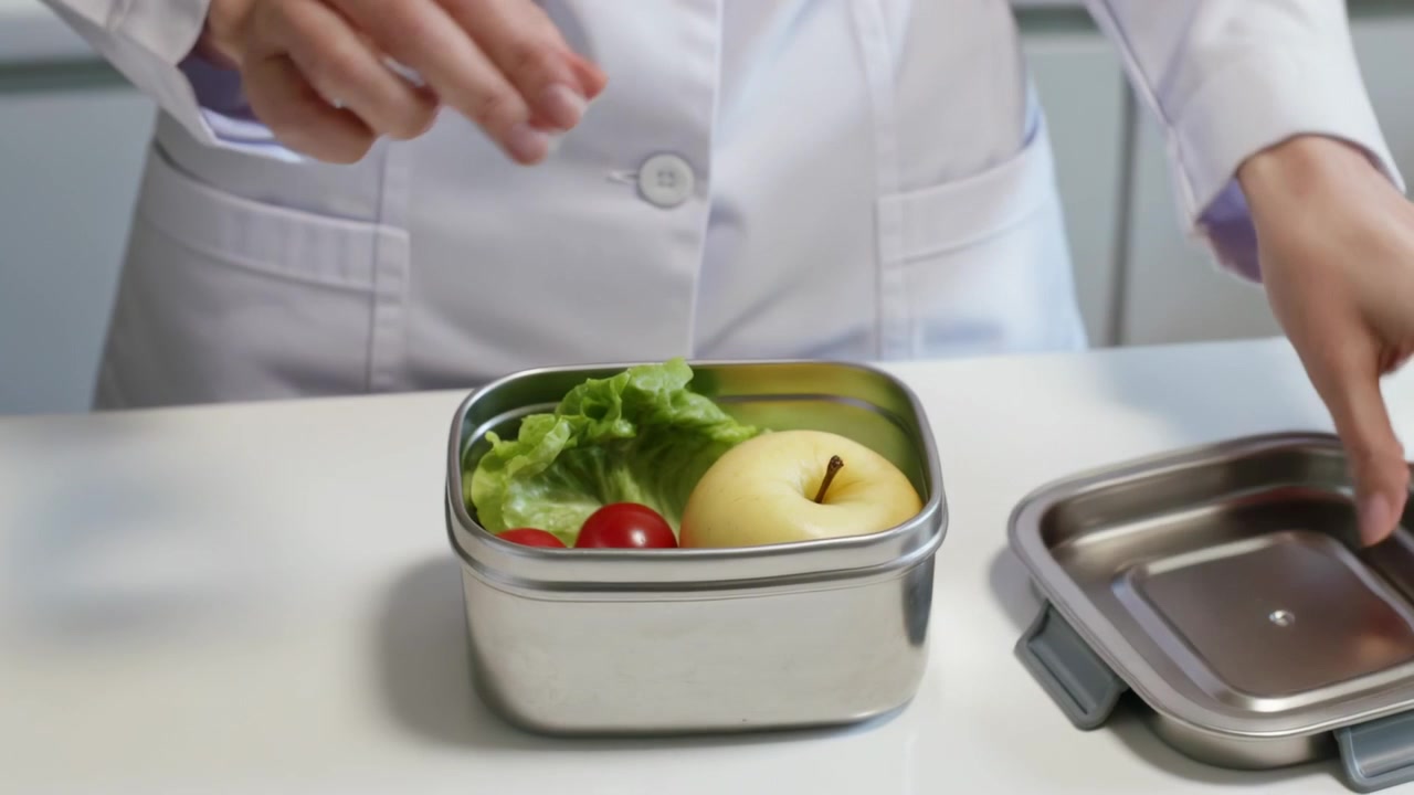 Opening box, woman in coat placing food into steel box at counter, packing lunch, latching lid